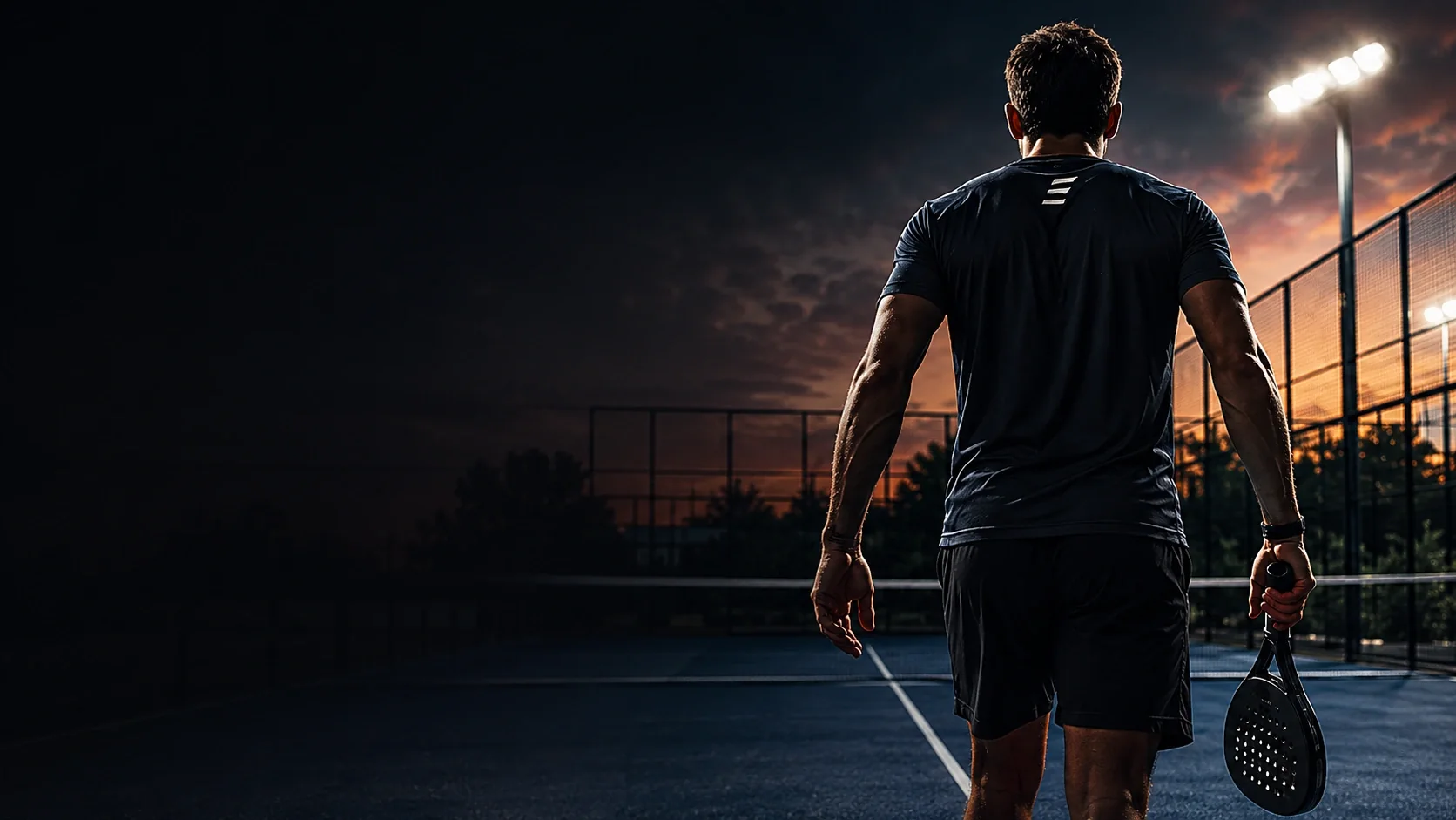 Athlete entering a floodlit racket-sports court